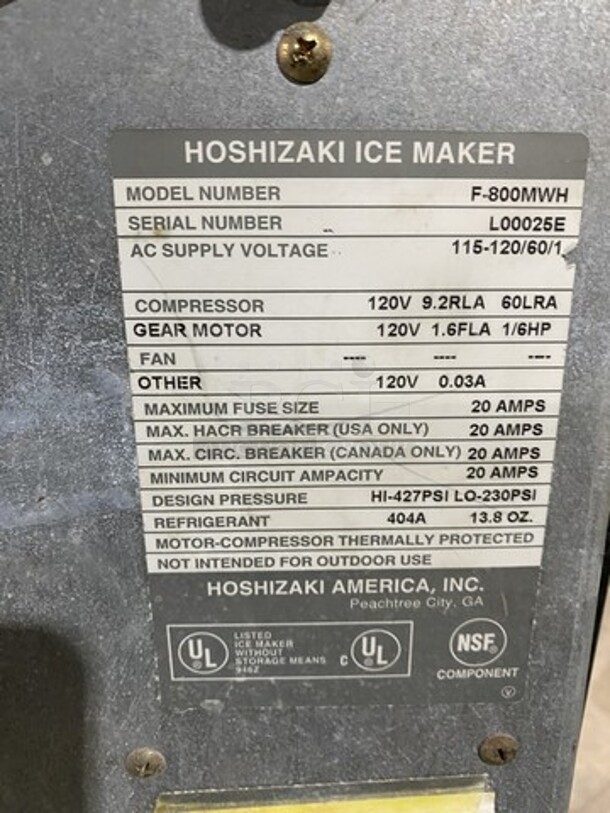 Hoshizaki Ice Maker! Model F800MWH Serial L00025E! 115/120V 1 Phase!  - Image 5 of 6