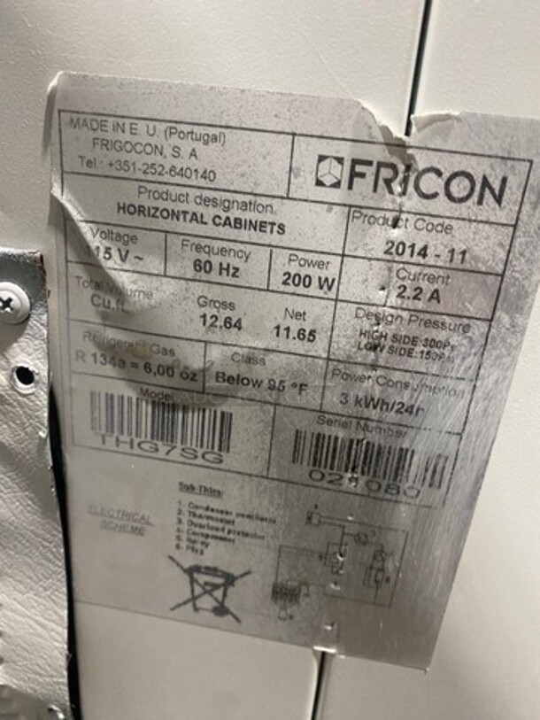 LATE MODEL! 2014 Fricon Commercial Reach Down Chest Freezer Merchandiser! With 2 Top Sliding Doors! With Sneeze Guard! On Casters! Model: THG7SG SN: 021080 115V 60HZ 1 Phase - Image 7 of 9