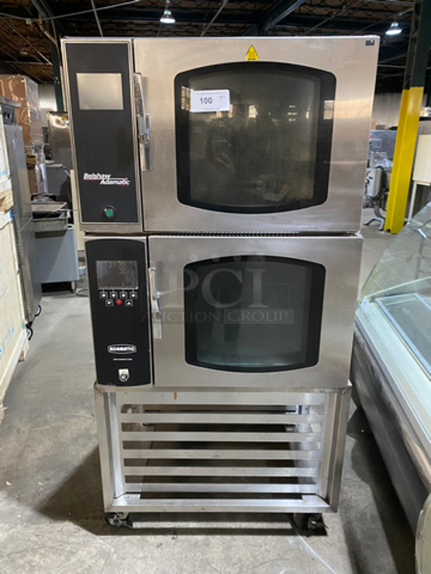 SUPER! Belshaw Adamatic Commercial Electric Powered Dual Combi Oven! With View Through Doors! With Pan Racks Underneath! All Stainless Steel! 2x Your Bid! Model: FG189UZ84 SN: 2000003710FA032620
