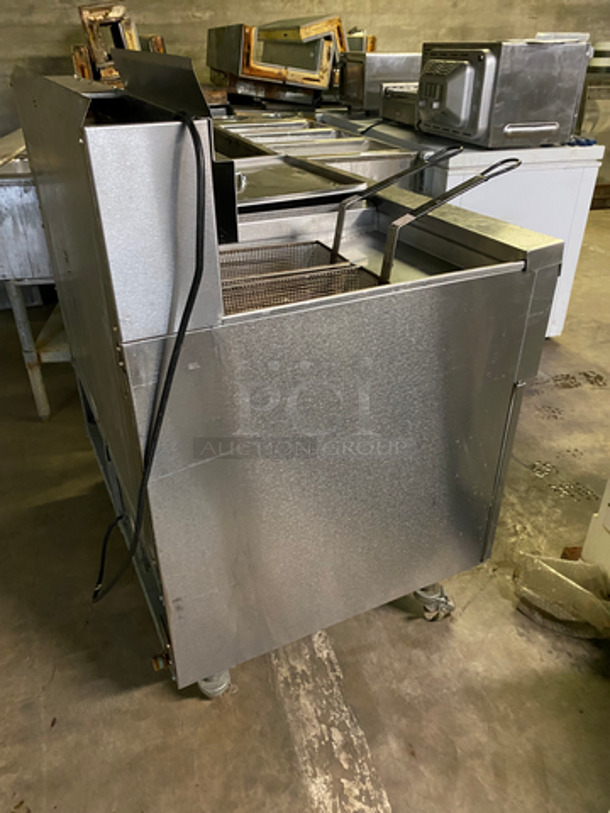 Frymaster Commercial Natural Gas Powered Deep Fat Fryer! With Side Dumping Station! With Back Splash! 2 Metal Frying Baskets! All Stainless Steel! On Casters! Model: 11814NSC SN: 1412PO0003 110/120V 60HZ 1 Phase - Image 3 of 11