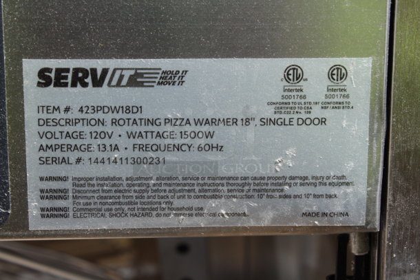 BRAND NEW SCRATCH & DENT! ServIt PDW18D1 18" Full-Service Pizza Warmer with 4-Shelf Rotating Rack 23-1/2x25-1/4x27-1/2. S/N: 1441411300231 Unit is dented and glass is broken.  - Image 5 of 5