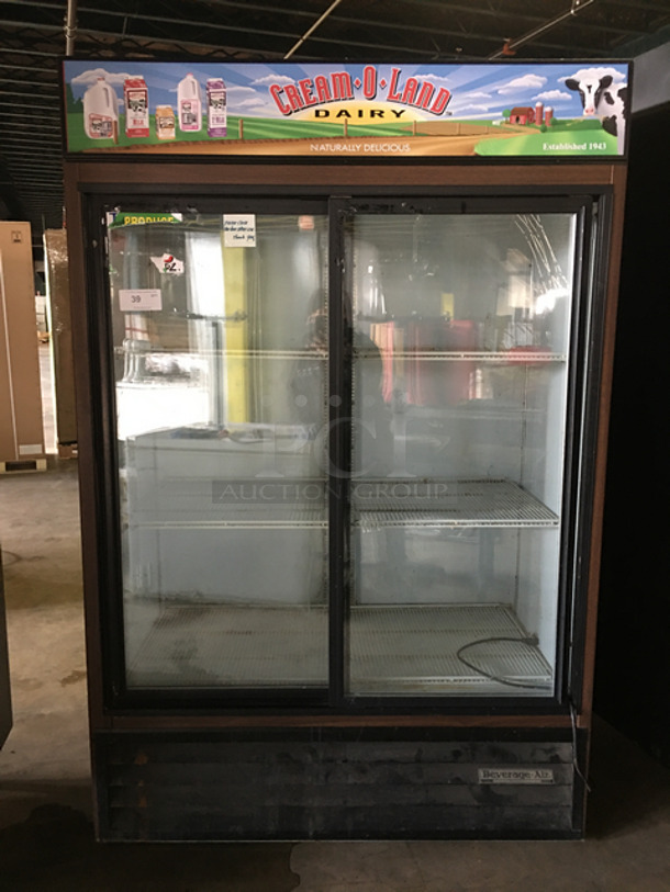 COOL! Beverage Air Commercial Refrigerated 2 Door Reach In Display Case Merchandiser! With View Through Sliding Doors! With Poly Coated Racks! Wooden Pattern Body! Model: MT45V 115V 60HZ 1 Phase