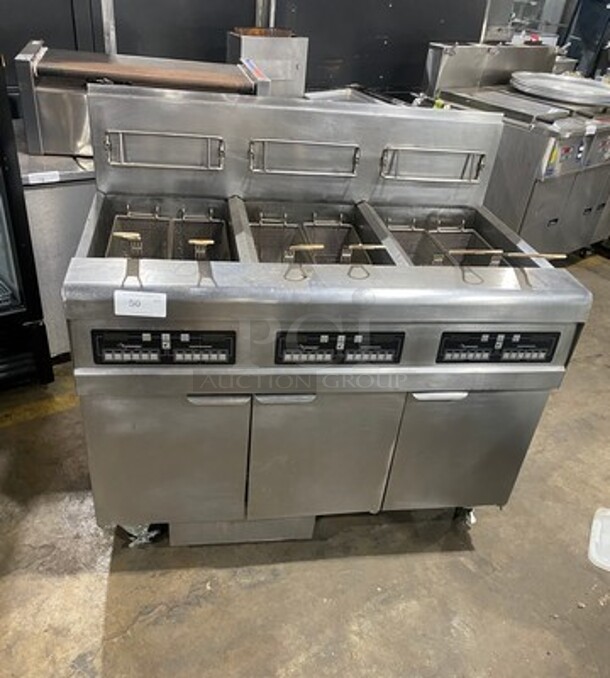 Frymaster Commercial LP Powered 3 Bay Deep Fat Fryer! With Metal Frying Baskets! All Stainless Steel! On Casters! Model: FPPH355CSD SN: 1202IE0089