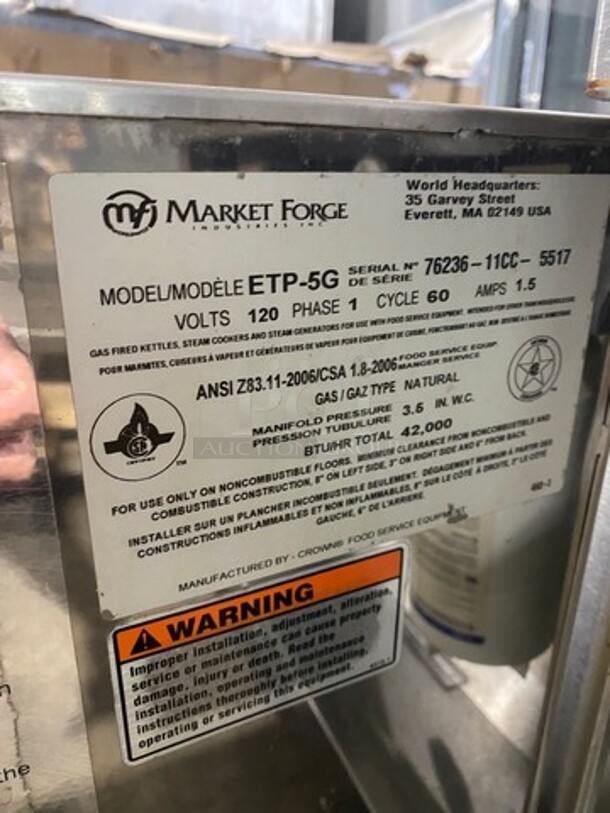 Market Forge Commercial Natural Gas Powered Single Cabinet Steamer! All Stainless Steel! On Legs! Model: ETP5G SN: 7623611CC5517 - Image 8 of 9