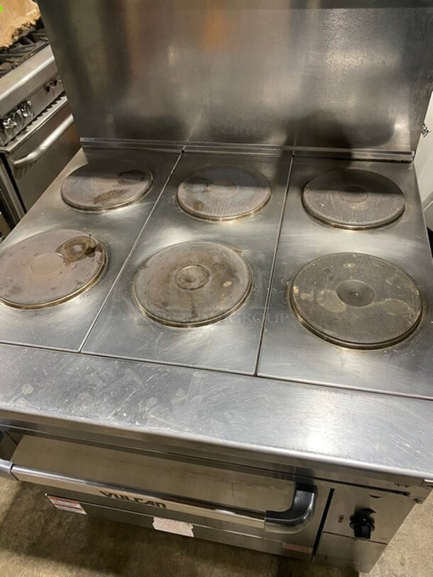 Vulcan Stainless Steel Commercial Electric Powered 6 Burner Hot Plate Range w/ Oven, Over Shelf and Back Splash! On Legs! MODEL EV36S-6FP480 SN: 650091879 480V 3/1PH  - Image 5 of 11