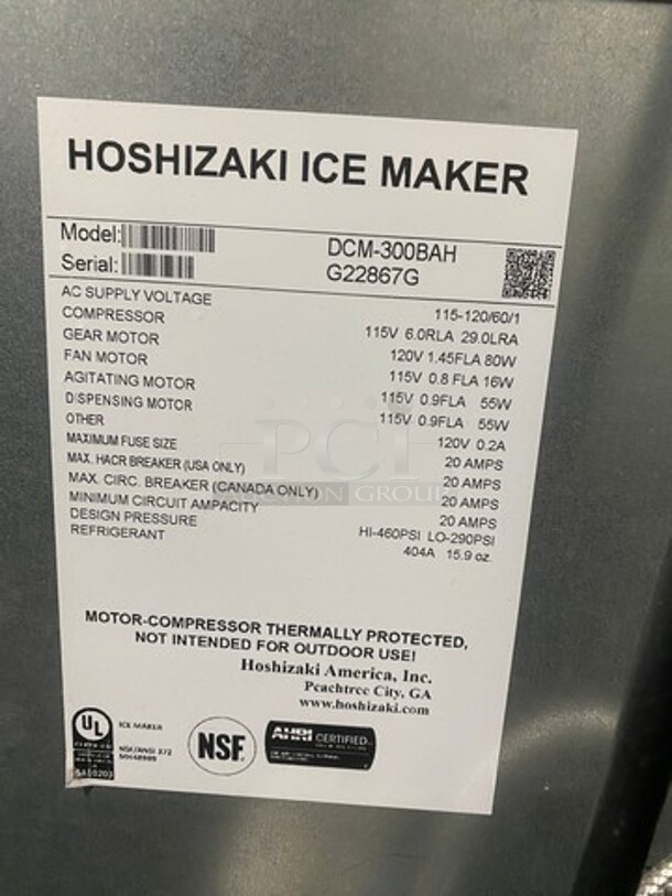 Hoshizaki Commercial Countertop Ice Maker/Water Dispenser Machine Combo! All Stainless Steel! On Legs! MODEL DCM300BAH SN: G22867G 115-120V - Image 8 of 10