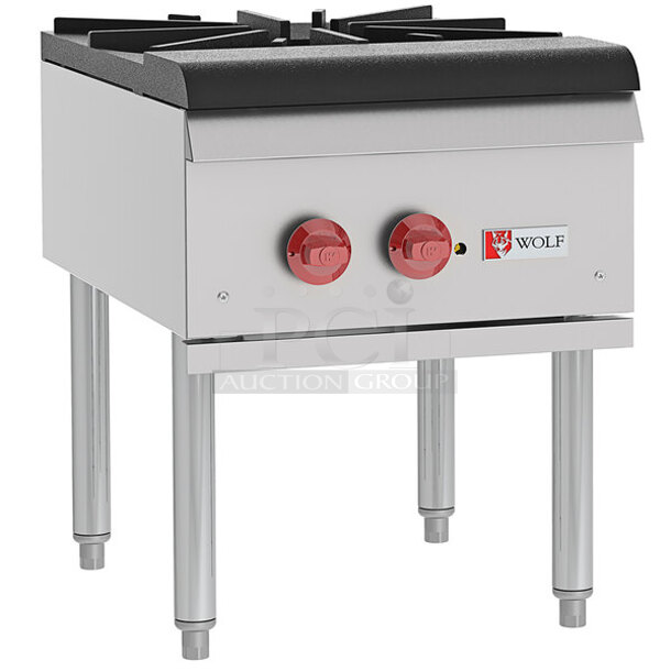BRAND NEW SCRATCH AND DENT! Wolf WSPR1N-1 Stainless Steel Commercial Countertop Natural Gas Powered Single Burner Stock Pot Range. No Legs. 110,000 BTU.