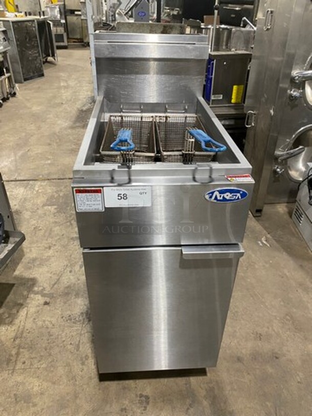 Atosa Commercial Natural Gas Powered Deep Fat Fryer! With Backsplash! With 2 Metal Frying Baskets! All Stainless Steel! On Legs! Model: ATFS40 - Image 1 of 9