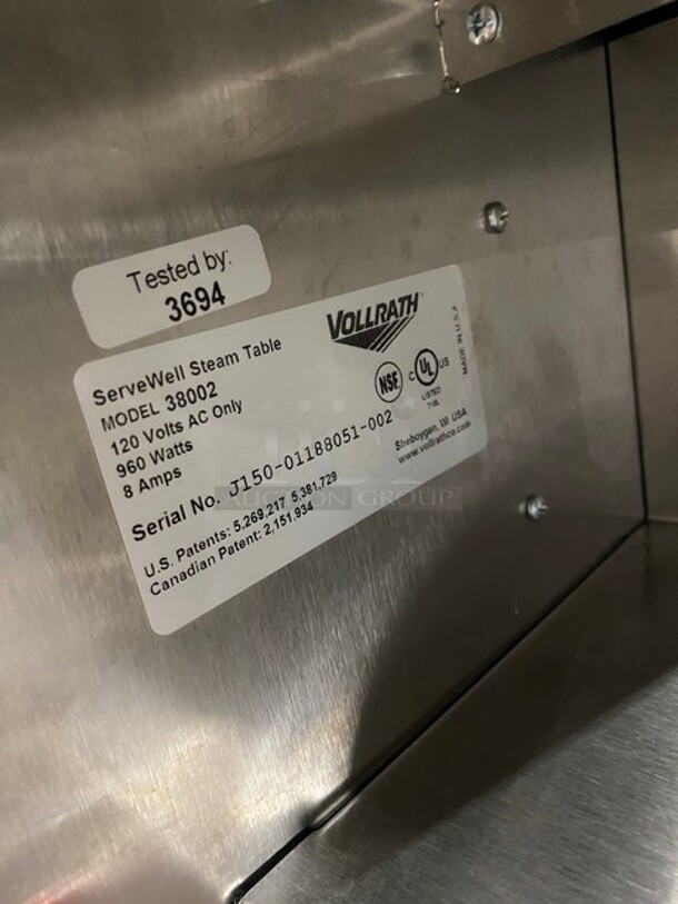 Vollrath All Stainless Steel Serve well CounterTop Steam Table! MODEL 38002 SN: J15001188051002 120V - Image 9 of 10