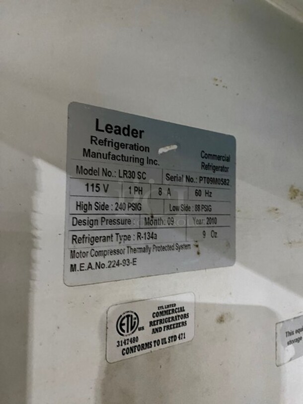 Leader Commercial Single Door Reach In Refrigerator! All Stainless Steel! Model LR30SC Serial PT09M0582! 115V 1Phase! - Image 6 of 7