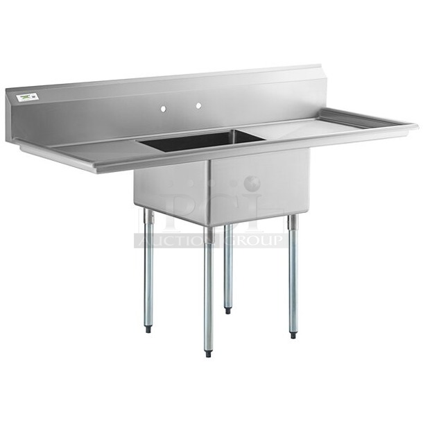 BRAND NEW SCRATCH & DENT! Regency 600S123232G 71" 16 Gauge Stainless Steel One Compartment Commercial Sink with Galvanized Steel Legs, Drain and 2 Drainboards - 23" x 23" x 12" Bowl Sink only. Out of original packaging.  - Image 1 of 6