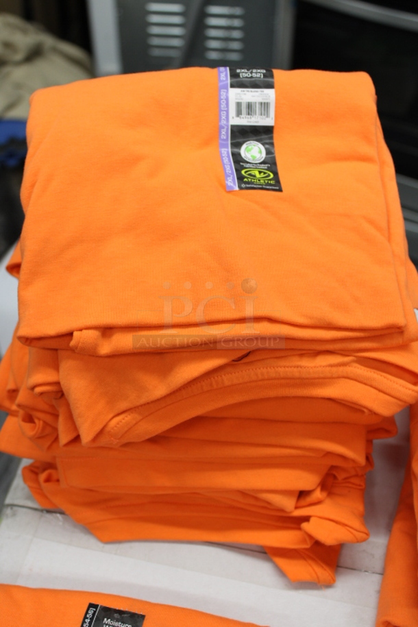ALL ONE MONEY!! (10) Blaze Orange Hat / Vest Combo Your Bid, (2) Orange Hats, Stack of 17 Orange Athletic Shirts [Sizes: 8 2XL, 6 L, 1 M, 1 3XL]
 - Image 5 of 9