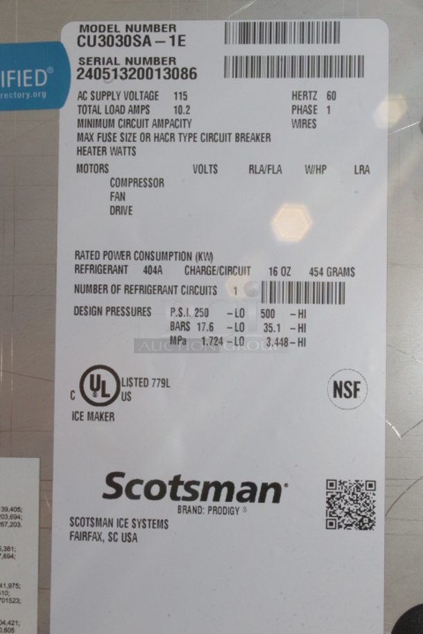 BRAND NEW SCRATCH & DENT! Scotsman CU3030SA-1 Prodigy Series 30" Air Cooled Undercounter Small Cube Ice Machine - 313 lb. S/N: 24051320013086 - Image 8 of 8