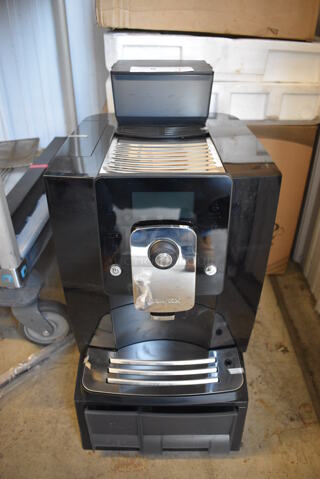 IN ORIGINAL BOX! LIKE NEW! Kalerm Model KLM1601PRO Black Poly Countertop Automatic One Touch Coffee Cappuccino Espresso Machine w/ 2 Lower Drawers and Hopper. 120 Volts, 1 Phase. 12x16x24