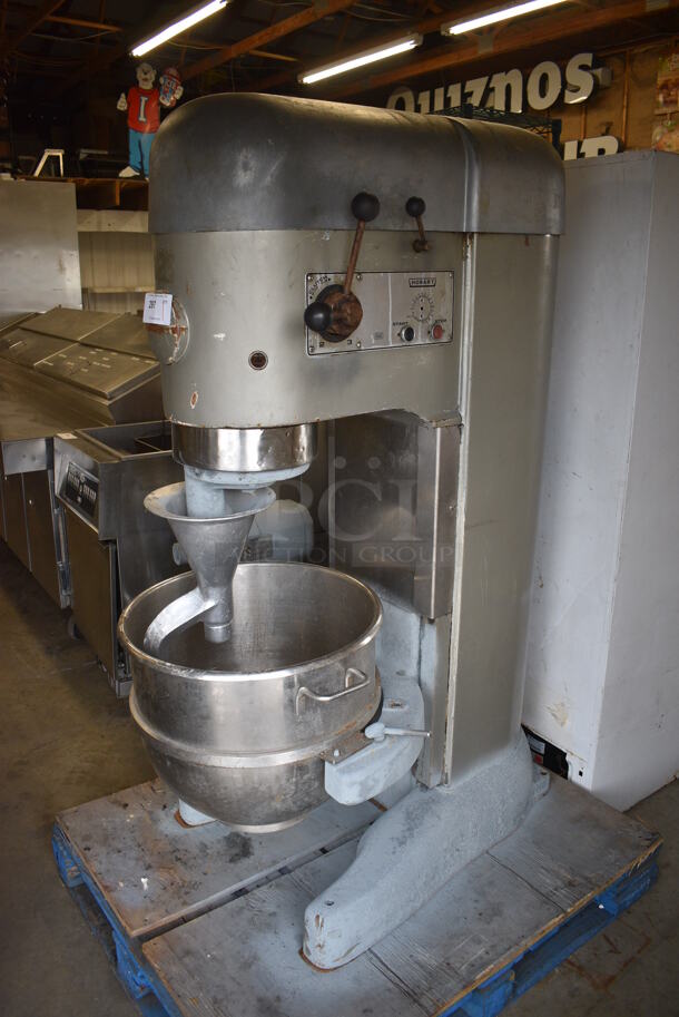 Hobart M-802 Metal Commercial Floor Style 80 Quart Planetary Dough Mixer w/ Stainless Steel Mixing Bowl and Dough Hook Attachment. 230 Volts, 3 Phase. 31x41x65