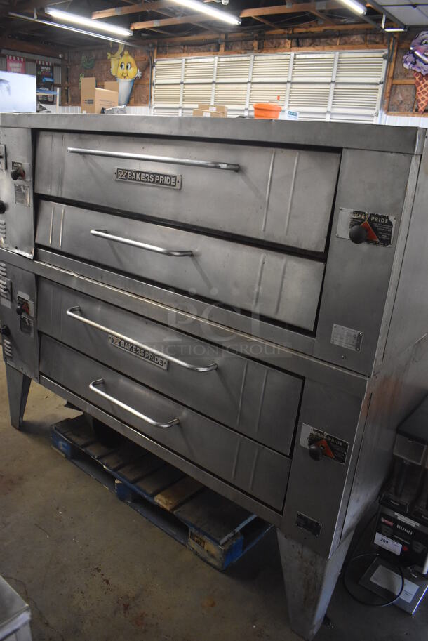 2 Bakers Pride Y600 Stainless Steel Commercial Natural Gas Powered Single Deck Pizza Ovens w/ Cooking Stones. 120,000 BTU. 78x43x67. 2 Times Your Bid!