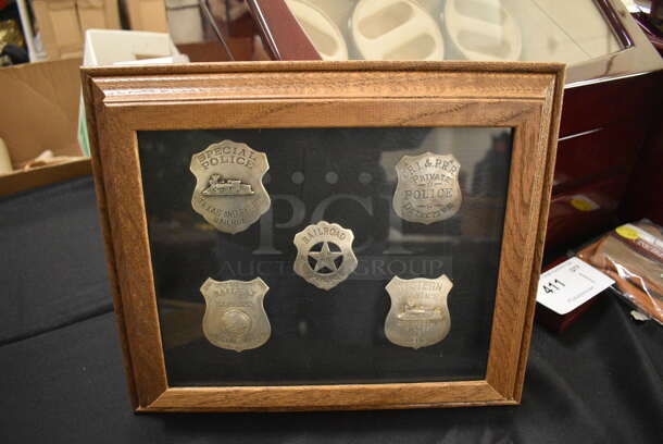 ONE OF A KIND! 5 Various Handcrafted Law Enforcement Badges From Tatonka Cartridge Company in Wooden Frame