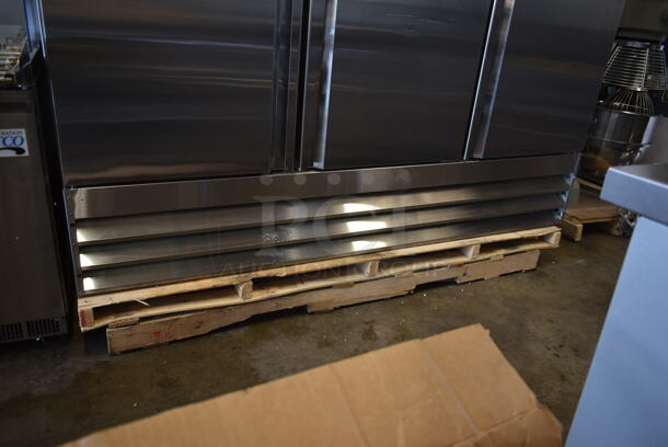 BRAND NEW SCRATCH AND DENT! 2023 Avantco 178SS3FHC Stainless Steel Commercial 3 Door Reach In Freezer w/ Poly Coated Racks and Commercial Casters. 115 Volts, 1 Phase. Stock Picture Used as Gallery. Tested and Working! - Image 5 of 12