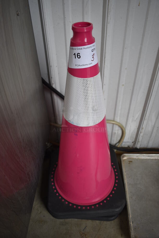 3 Pink Poly Caution Cones. 13.5x13.5x28.5. 3 Times Your Bid!
