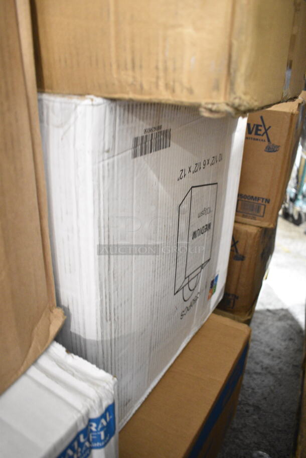 PALLET LOT of 40 BRAND NEW Boxes Including 5001RTSELNAT Lavex Select 1-Ply Natural Kraft Paper Towel Roll, 665 Feet / Roll - 6/Case, 130ROLLKFSSH Visions 18" x 15 1/2" Pre-Rolled Linen-Feel White Napkin and Hammersmith Heavy Weight Silver Plastic Cutlery Set - 100/Case, 500AL301BALL Ball 9 oz. Customizable Aluminum Cup with Ball Logo Design - 645/Case, 128HD32COMBO ChoiceHD 32 oz. Microwavable Translucent Plastic Deli Container and Lid Combo Pack - 240/Case, 394325L Noble NexGen Powder-Free Disposable Blue Hybrid 3 Mil Thick Gloves - Large - 1000/Case, 50010CAFE Choice 10 oz. Cafe Print Poly Paper Hot Cup - 1000/Case, 2 Box 5001RT800B Lavex 8" White Hardwound Paper Towel, 800 Feet / Roll - 6/Case, 2 Box 395RPO9 EcoChoice Compostable Sugarcane / Bagasse 9" Plate - 500/Case, 128HD16BULK ChoiceHD 16 oz. Microwavable Translucent Plastic Deli Container - 480/Case, 150300414 Bagcraft EcoCraft 6" x 6 1/2" Grease-Resistant Sandwich Bag - 2000/Case, 347RPBD10WHS Visions 10" White Plastic Plate with Silver Bands - 120/Case. 40 Times Your Bid! - Image 6 of 12