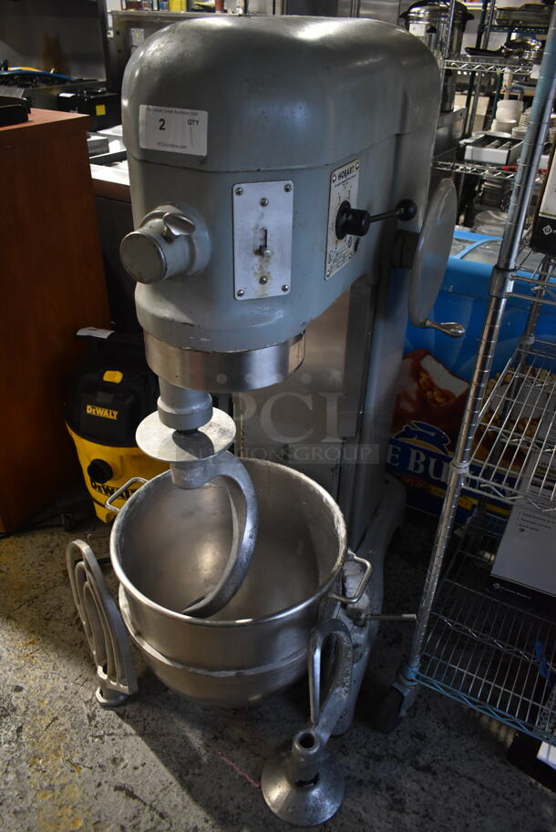 Hobart H-600 Metal Commercial Floor Style 60 Quart Planetary Dough Mixer w/ Stainless Steel Mixing Bowl, Paddle and 2 Dough Hook Attachment. 220 Volts, 3 Phase. 
