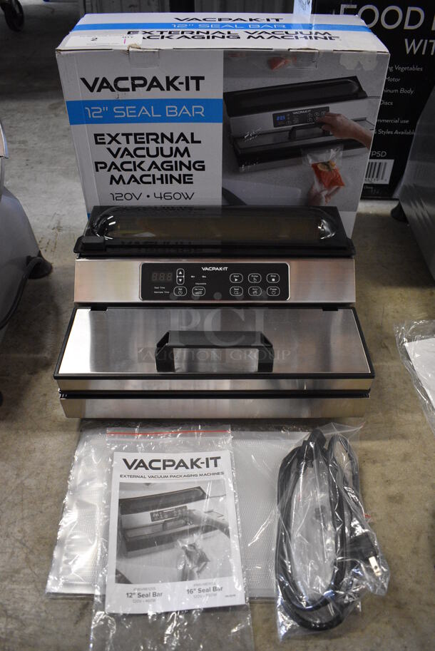 BRAND NEW IN BOX! Vacpak-it Model 186VME12SS Stainless Steel Commercial Countertop External Vacuum Sealer. 120 Volts, 1 Phase. 15x13x6. Tested and Working!