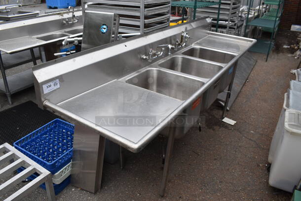 Stainless Steel 3 Bay Sink w/ Dual Drain Boards, 2 Faucets and 2 Handle Sets. 