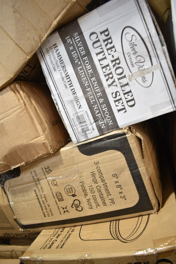 PALLET LOT of 40 BRAND NEW Boxes Including 5001RTSELNAT Lavex Select 1-Ply Natural Kraft Paper Towel Roll, 665 Feet / Roll - 6/Case, 130ROLLKFSSH Visions 18" x 15 1/2" Pre-Rolled Linen-Feel White Napkin and Hammersmith Heavy Weight Silver Plastic Cutlery Set - 100/Case, 500AL301BALL Ball 9 oz. Customizable Aluminum Cup with Ball Logo Design - 645/Case, 128HD32COMBO ChoiceHD 32 oz. Microwavable Translucent Plastic Deli Container and Lid Combo Pack - 240/Case, 394325L Noble NexGen Powder-Free Disposable Blue Hybrid 3 Mil Thick Gloves - Large - 1000/Case, 50010CAFE Choice 10 oz. Cafe Print Poly Paper Hot Cup - 1000/Case, 2 Box 5001RT800B Lavex 8" White Hardwound Paper Towel, 800 Feet / Roll - 6/Case, 2 Box 395RPO9 EcoChoice Compostable Sugarcane / Bagasse 9" Plate - 500/Case, 128HD16BULK ChoiceHD 16 oz. Microwavable Translucent Plastic Deli Container - 480/Case, 150300414 Bagcraft EcoCraft 6" x 6 1/2" Grease-Resistant Sandwich Bag - 2000/Case, 347RPBD10WHS Visions 10" White Plastic Plate with Silver Bands - 120/Case. 40 Times Your Bid! - Image 11 of 12