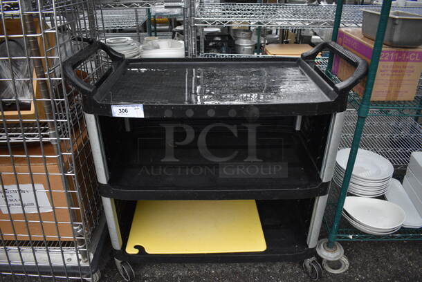 Black Poly 3 Tier Cart w/ Push Handles on Commercial Casters. 40x20x39