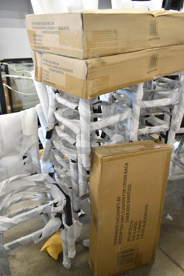 12 BRAND NEW SCRATCH AND DENT! Lancaster Table & Seating 164CCROSSFR Black Metal Cross Back Dining Height Chair w/ 12 Cushions. 12 Times Your Bid!  - Image 5 of 9