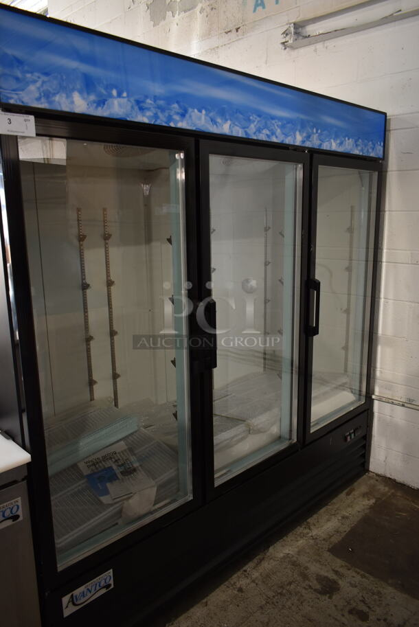 BRAND NEW SCRATCH AND DENT! 2023 Avantco 178GDC69HCB Metal Commercial 3 Door Reach In Cooler Merchandiser w/ Poly Coated Racks. 115 Volts, 1 Phase. Stock Picture Used as Gallery. Tested and Working! - Image 9 of 9
