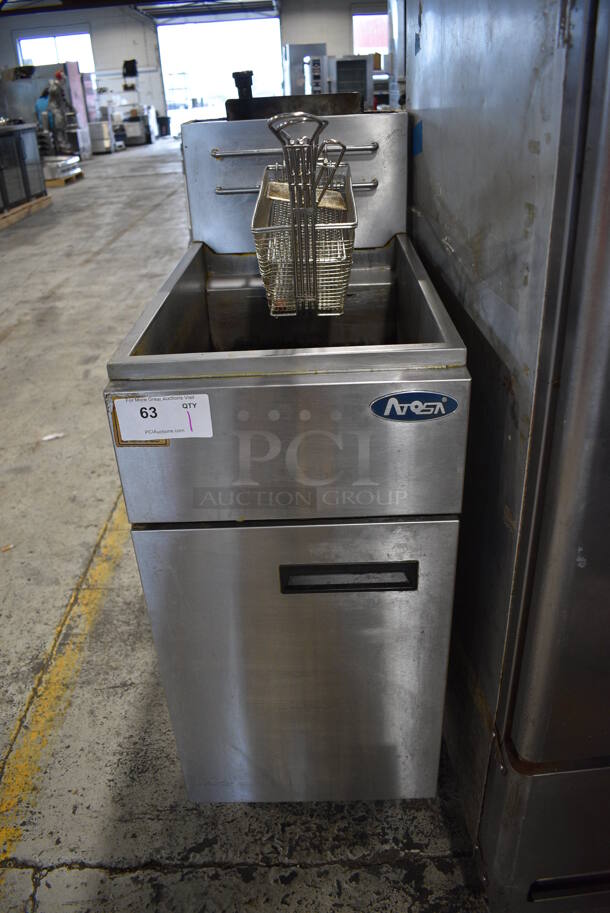 Atosa Stainless Steel Commercial Natural Gas Powered Floor Style Deep Fat Fryer w/ Metal Fry Basket, Pusher and Skimmer. 15.5x31x49