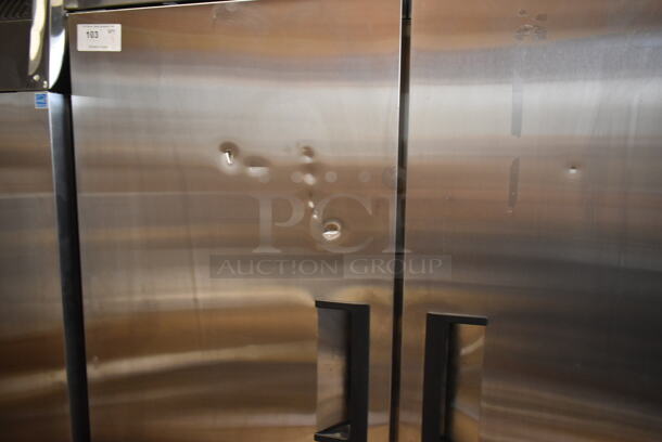 BRAND NEW SCRATCH AND DENT! 2024 Avantco 178A49FHC Stainless Steel Commercial 2 Door Reach In Freezer w/ Poly Coated Racks on Commercial Casters. 115 Volts, 1 Phase. Tested and Working! - Image 3 of 7