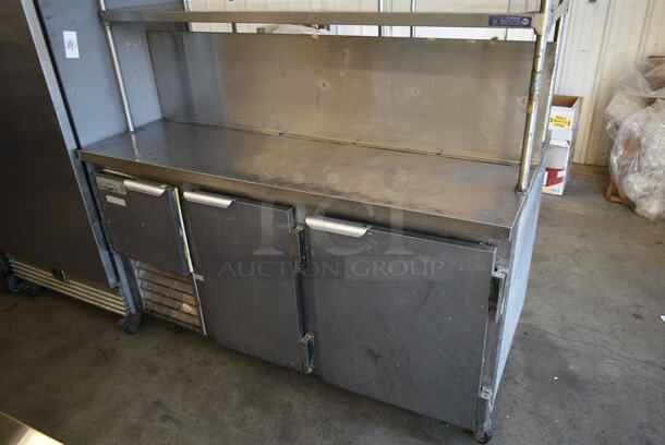 2013 Leader LB60 S/C Stainless Steel Commercial 3 Door Work Top Cooler w/ 2 Tier Over Shelf on Commercial Casters. 115 Volts, 1 Phase. Tested and Working! - Image 2 of 7
