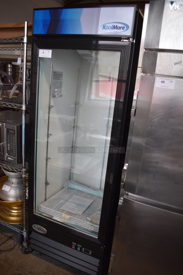 BRAND NEW SCRATCH AND DENT! KoolMore MDR-1D-23C Metal Commercial Single Door Reach In Cooler Merchandiser w/ Poly Coated Racks on Commercial Casters. 115 Volts, 1 Phase. 28x33.5x83. Tested and Working! - Image 2 of 6