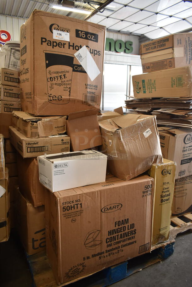 PALLET LOT of 25 BRAND NEW Boxes Including 50016C Choice 16 oz. Coffee Print Poly Paper Hot Cup - 1000/Case, 824339 Flashback Whiskey Glasses, 15970 Libbey Rocks Glasses, 50HT1 Foam Hinged Lid Containers, Choice 32 ox Clear Plastic Salad Bowl, 512XKD968CL Choice Deli Tag Pan / Bowl Sign Holder Clip - 25/Pack, 407POA16 Choice 15" Aluminum Pail Opener,347TCL5 Choice 5 oz. Clear Disposable Plastic Tumbler - 500/Case. 25 Times Your Bid! - Image 1 of 8