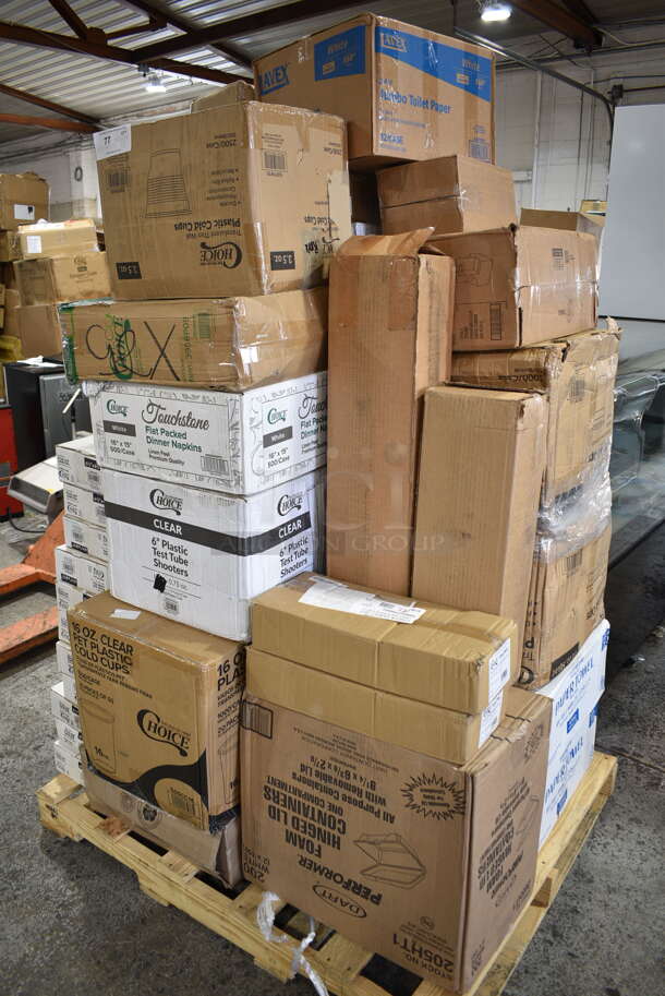 PALLET LOT of 40 BRAND NEW Boxes Including 795PTOKFT3 Choice Kraft Microwavable Folded Paper #3 Take-Out Container 7 3/4" x 5 1/2" x 2 1/2" - 200/Case, 128HD8COMBO ChoiceHD 8 oz. Microwavable Translucent Plastic Deli Container and Lid Combo Pack - 240/Case, 50010WRAPPLA Lavex 10 oz. Kraft Compostable Individually Wrapped Paper Hot Cup - 480/Case, 3 Box 395TO993 EcoChoice 9" x 9" x 3" Compostable Sugarcane / Bagasse 3 Compartment Takeout Container - 200/Case, 5002DNAPBLK Choice 15" x 17" Black Customizable 2-Ply Paper Dinner Napkin - 1000/Case, American Metalcraft CERAM18 18" White Ceramic Pizza Serving Tray, CAC RCN-S16Q Bright White Clinton Square in Square Plate 10 1/2" - 12/Case, 11 Box 130D66UF Choice 6 1/2" x 6 1/4" Unprinted Plastic Deli Saddle Bag with Flip Top - 2000/Case, 5005DNAPFLT Choice Touchstone 16" x 15" White Linen-Feel Flat-Packed Dinner Napkin - 500/Case, 500CC16 Choice Clear PET Customizable Plastic Cold Cup - 16 oz. - 1000/Case, 280SHOOTCLR Choice 5 5/8" Crystal Clear Plastic Test Tube Shot / Shooter - 1000/Case, 500TW35 Choice 3.5 oz. Translucent Thin Wall Plastic Cold Cup - 2500/Case, 2 Box 105GC70002 Choice 2 Part Green and White Carbonless Guest Check Book - 50/Case, Dart 205HT1 White Foam Take Out Container with Perforated Hinged Lid 9" x 6" x 3" - 200/Case, 2 Box 5001RTSELNAT Lavex Select 1-Ply Natural Kraft Paper Towel Roll, 665 Feet / Roll - 6/Case, 2 Box 500TW16S Choice 16 oz. Translucent Thin Wall Squat Plastic Cold Cup - 1000/Case, 5014046XXH Lavex Pro 45 Gallon 3 Mil 40" x 46" Low Density Heavy-Duty Industrial Contractor Black Trash Bag / Can Liner - 50/Case, 29500 Sabert 29500 4 Cup Drink Carrier - 200/Case. 40 Times Your Bid!  - Image 1 of 12