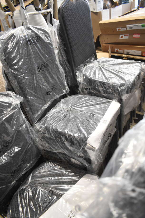 38 BRAND NEW SCRATCH AND DENT! Lancaster Table & Seating 164BNQCRBLK Black Pattern Fabric Crown Back Stackable Banquet Chair with Silver Vein Frame. 38 Times Your Bid! - Image 5 of 8