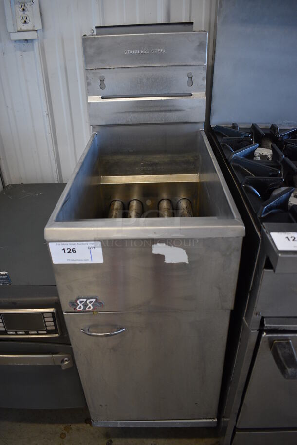 2012 Pitco Frialator Model 40D Stainless Steel Commercial Floor Style Natural Gas Powered Deep Fat Fryer. 115,000 BTU. 15.5x30x46
