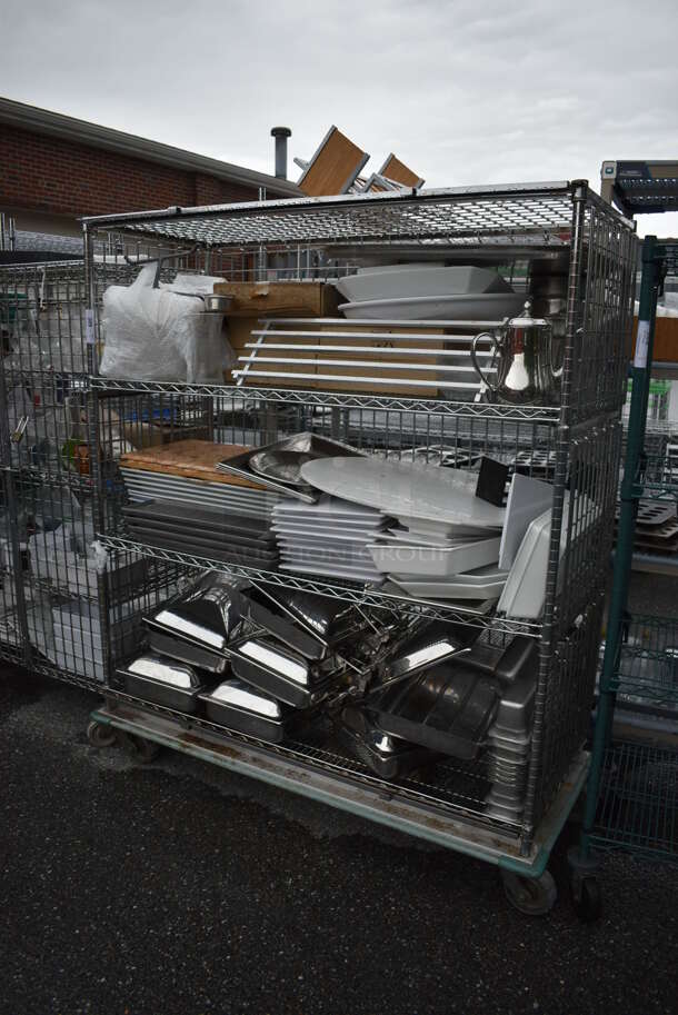ALL ONE MONEY! Lot of Chrome Finish 4 Tier Shelving Unit on Commercial Casters w/ All Contents Including Metal Drop Ins, White Ceramic Plates. BUYER MUST DISMANTLE. PCI CANNOT DISMANTLE FOR SHIPPING. PLEASE CONSIDER FREIGHT CHARGES. 60x25x72 - Image 2 of 9