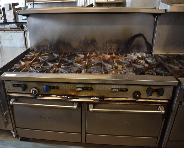 Garland SunFire Stainless Steel Commercial Natural Gas Powered 10 Burner Range w/ 2 Ovens, Over Shelf and Back Splash on Commercial Casters. 