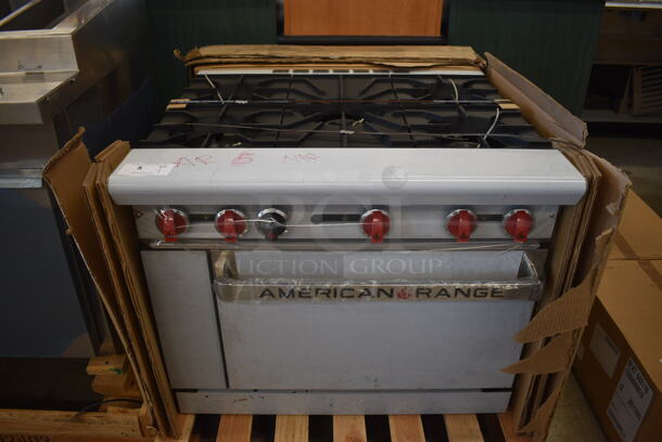 BRAND NEW IN BOX! American Range Model AR-5 Stainless Steel Commercial Natural Gas Powered 5 Burner Range w/ Oven. 36x32x30.5