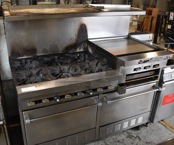 Garland SunFire Stainless Steel Commercial Natural Gas Powered 6 Burner Range w/ Flat Top Griddle, 2 Ovens, Over Shelf and Back Splash on Commercial Casters. 60x33x60