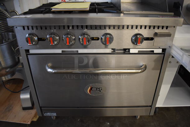 BRAND NEW SCRATCH AND DENT! CPG 351S36G12N Stainless Steel Commercial Natural Gas Powered 4 Burner Range with Right Side Griddle, Standard Oven, Over Shelf and Back Splash. 170,000 BTU. 36x33x61. Tested and Working! - Image 5 of 8