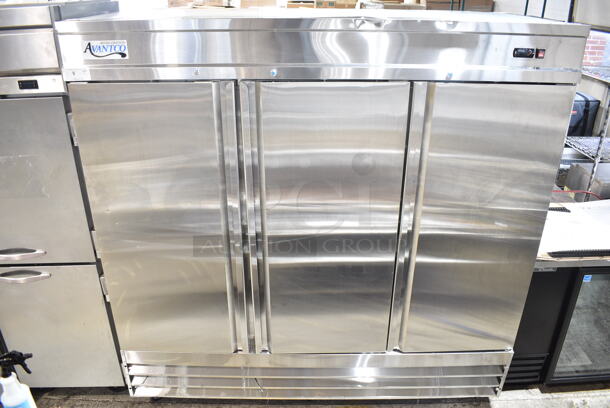 BRAND NEW SCRATCH AND DENT! 2024 Avantco 178SS3RHC Stainless Steel Commercial 3 Door Reach In Cooler w/ Poly Coated Racks. 115 Volts, 1 Phase. Tested and Working! - Image 2 of 9