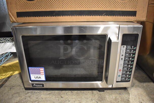 LIKE NEW! 2022 Amana RCS10TS Stainless Steel Commercial Countertop Stackable Microwave with Push Button Controls. Used a Few Times at Trade Show as a Demonstration. 120 Volts, 1 Phase. 22x16x14. Tested and Working! - Image 1 of 7