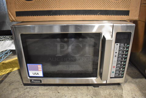LIKE NEW! 2022 Amana RCS10TS Stainless Steel Commercial Countertop Stackable Microwave with Push Button Controls. Used a Few Times at Trade Show as a Demonstration. 120 Volts, 1 Phase. 22x16x14. Tested and Working!