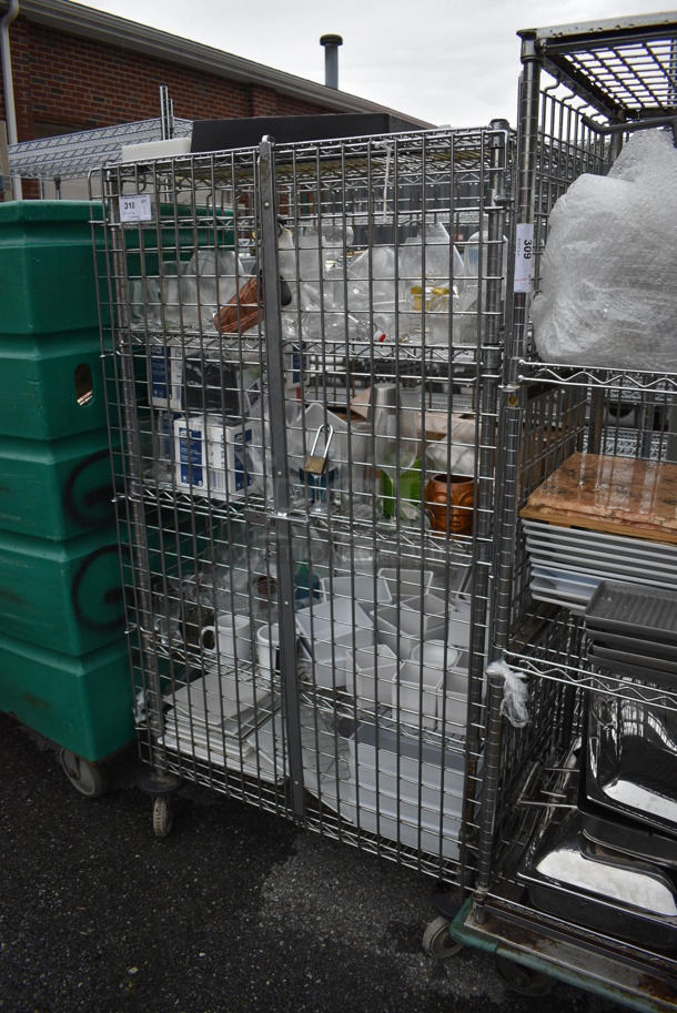 ALL ONE MONEY! Lot of Chrome Finish 5 Tier Shelving Unit on Commercial Casters w/ Liquor Cage and All Contents Including Glasses, White Ceramic Plates. BUYER MUST DISMANTLE. PCI CANNOT DISMANTLE FOR SHIPPING. PLEASE CONSIDER FREIGHT CHARGES. 38x25x68 - Image 2 of 10