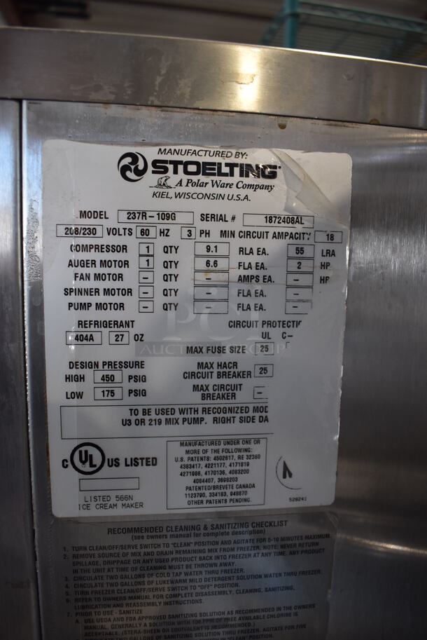 Stoelting 237R-109G Stainless Steel Commercial Floor Style Air Cooled 2 Flavor w/ Twist Soft Serve Ice Cream Machine on Commercial Casters. Goes GREAT w/ Lot 118! 208/230 Volts, 3 Phase. 16x43x67 - Image 6 of 7