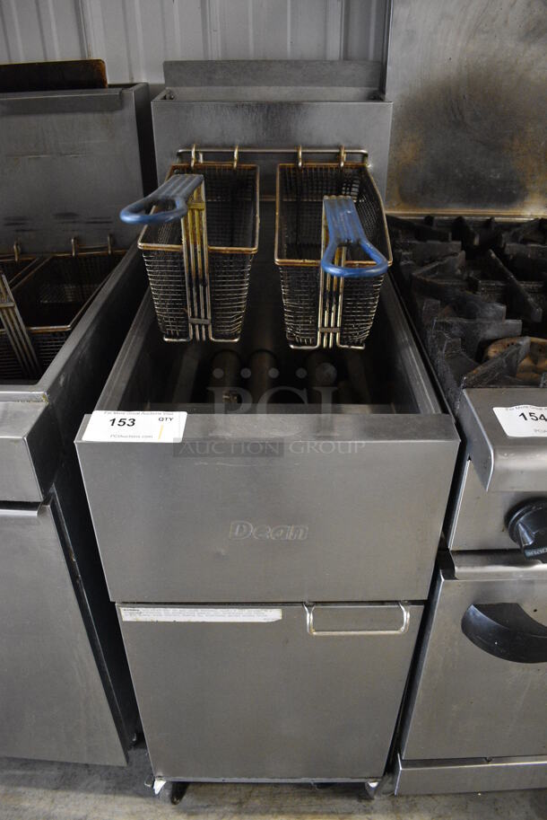 2017 Dean Model SR142GP Stainless Steel Commercial Floor Style Propane Gas Powered Deep Fat Fryer w/ 2 Metal Fry Baskets on Commercial Casters. 105,000 BTU. 15.5x29.5x47